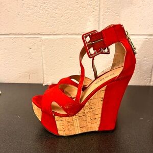 bebe Red Suede Cork Platform Wedge Sandals